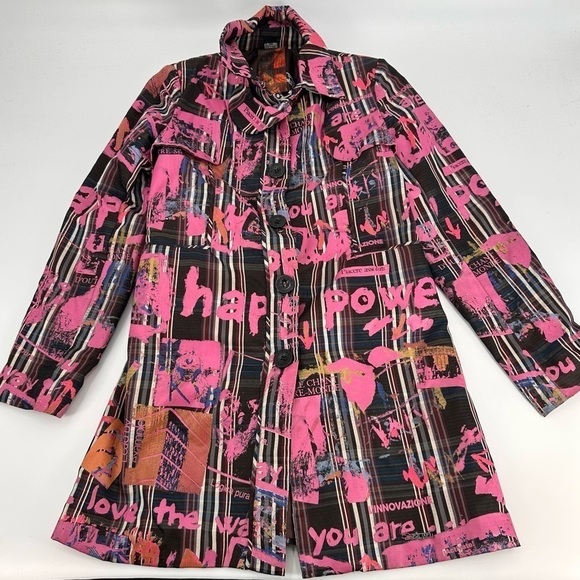 Desigual Pink Graffiti Trench Coat Size 42 US Large FLAW - Picture 1 of 7